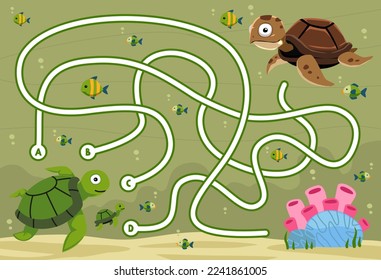 Maze puzzle game for children with cute cartoon turtle and coral printable underwater worksheet