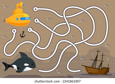 Maze puzzle game for children with cute cartoon submarine orca and wrecked ship printable underwater worksheet