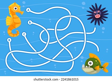 Maze puzzle game for children with cute cartoon seahorse urchin and piranha printable underwater worksheet