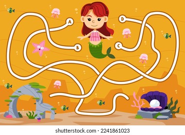 Maze puzzle game for children with cute cartoon mermaid stone and coral printable underwater worksheet