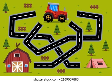 Maze puzzle game for children help cartoon transportation tractor find the right path to the barn or tent