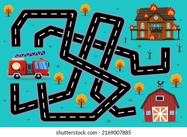 Maze puzzle game for children help cartoon rescue transportation firetruck find the right path to the fire house barn