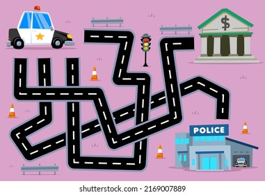 Maze Puzzle Game For Children Help Cartoon Rescue Transportation Police Car Find The Right Path To The Bank Or Police Station