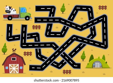 Maze puzzle game for children help cartoon transportation pickup truck find the right path to the barn or shelter