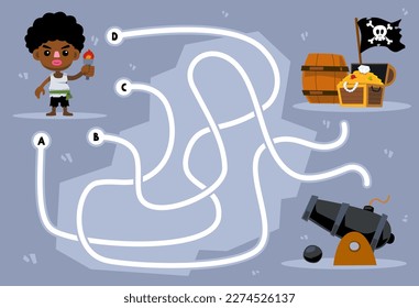 Maze puzzle game for children help cute cartoon boy move to treasure or cannon printable pirate worksheet