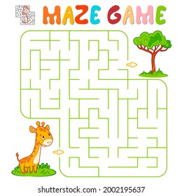 Maze puzzle game for children. Maze or labyrinth game with giraffe. Vector illustrations