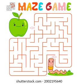 Maze puzzle game for children. Maze or labyrinth game with worm. Vector illustrations