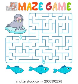 Maze puzzle game for children. Maze or labyrinth game with walrus. Vector illustrations