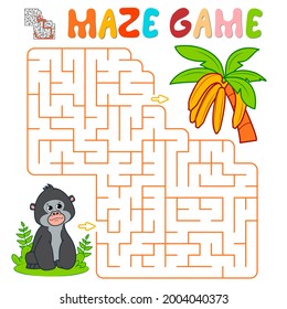 Juego de rompecabezas de mazorca para niños. Juego de laberinto o laberinto con gorila. Ilustraciones de vectores de monos y bananas