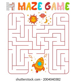 Maze puzzle game for children. Maze or labyrinth game with rocket. Vector illustrations