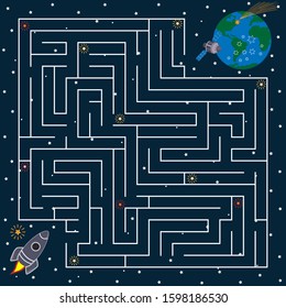 maze puzzle game for children on the theme of space, help the rocket find its way to Earth, vector, children's illustration