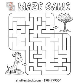 Maze puzzle game for children. Outline maze or labyrinth game with giraffe. Vector illustrations