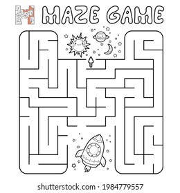 Maze puzzle game for children. Outline maze or labyrinth game with rocket. Vector illustrations