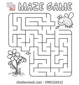 Maze puzzle game for children. Outline maze or labyrinth game with bee. Vector illustrations