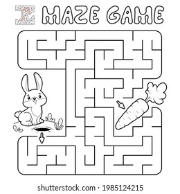 Maze puzzle game for children. Outline maze or labyrinth game with rabbit. Vector illustrations