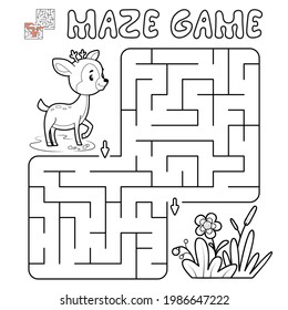 Juego de rompecabezas de mazorca para niños. Esbozar el laberinto o el juego laberíntico con ciervo. Ilustraciones vectoriales