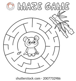 Maze puzzle game for children. Outline circle maze or labyrinth game with panda. Vector illustrations
