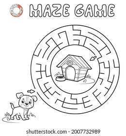 Maze puzzle game for children. Outline circle maze or labyrinth game with dog. Vector illustrations