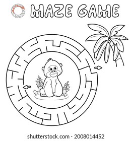 Maze puzzle game for children. Outline circle maze or labyrinth game with gorilla. Monkey and bananas vector illustrations