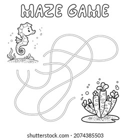 Maze puzzle game for children. Outline maze or labyrinth. Find path game with fish. Vector illustrations