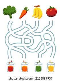 Maze puzzle game for children pair cute cartoon banana fruit spinach carrot tomato vegetables with the same juice color printable worksheet