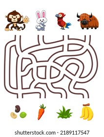 Maze puzzle game for children pair cute cartoon monkey rabbit parrot yak with the correct food printable worksheet