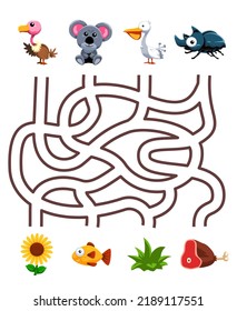 Maze puzzle game for children pair cute cartoon toucan lion sheep frog with the correct food printable worksheet