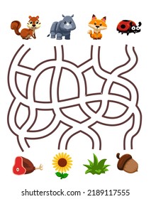 Maze puzzle game for children pair cute cartoon squirrel rhino fox ladybug with the correct food printable worksheet