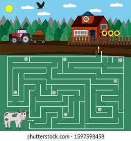 maze puzzle game for kids, help the cow find the way home, flat design, vector