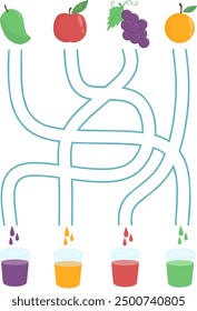 Maze puzzle game for kids, pair fruit with  the juice color activity, matching fruits with colors, fruits maze worksheet 