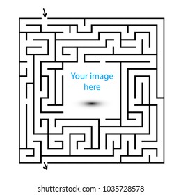 Maze puzzle game with logo or image placeholder inside. Usage for commercial purpose or advertisement. Arrow for entrance and exit point. EPS10 vector.
