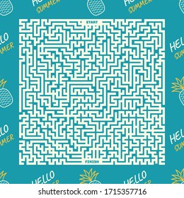 Maze puzzle game with pineapple concept background. Labyrinth conundrum hard level.