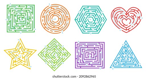 Maze Puzzle-Spiele in verschiedenen Formen, einfache Labyrinthe für Kinder. Routenfindungsspiel, Labyrinth-Rätsel, finden Sie Pfad Rätsel Vektorset. Herausforderung für das Kind, Suche nach Weg oder Richtung