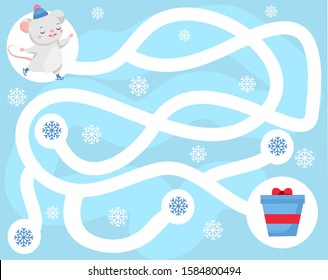 Maze Puzzle. Help Mouse Find Gift. Activity For Kids. Educational Children Game. Winter Holidays Theme Worksheet