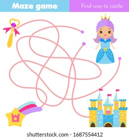 Maze puzzle. Help princess find fairy castle. Activity for and kids. educational children game