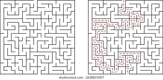 Maze puzzle illustration showing a challenging path with a red line marking the solution