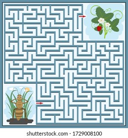 Maze puzzle with the image of an ant and a strawberry Bush, you need to find the right way through the maze, development and training, entertainment, design of children's books