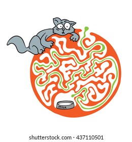 Maze puzzle for kids with cat and milk. Labyrinth illustration, solution included.