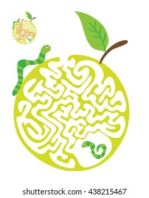 Maze puzzle for kids with caterpillars and apple. Labyrinth illustration, solution included.