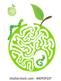 Maze puzzle for kids with caterpillars and apple. Labyrinth illustration, solution included.