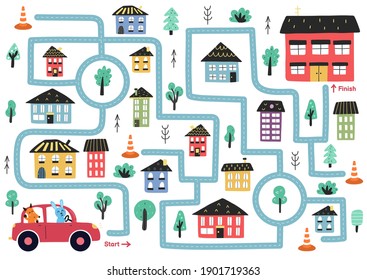 Maze puzzle for kids. Cute animals driving a car activity page. Help rabbit and fox find way to home. Mini game for school and preschool. Vector illustration