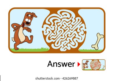 Maze puzzle for kids with dog and bone. Labyrinth illustration, solution included.