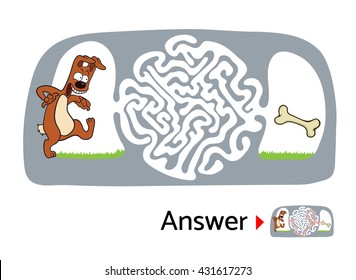 Maze puzzle for kids with dog and bone. Labyrinth illustration, solution included.