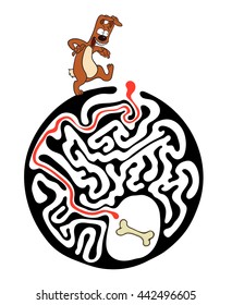 Maze puzzle for kids with dog and bone. Labyrinth illustration, solution included.