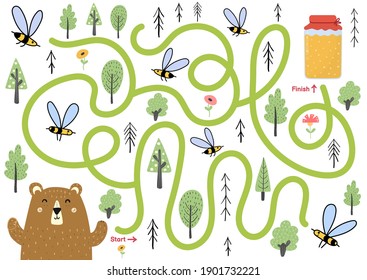 Maze puzzle for kids. Help cute bear find way to honey jar. Activity page with funny forest character.  Mini game for school and preschool. Vector illustration