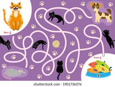 Maze puzzle for kids. Help cute cat find way to the food. Activity page with funny feline character, dog and rat.  Mini game for school and preschool. Vector illustration