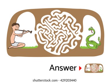 Maze puzzle for kids, labyrinth illustration with solution.