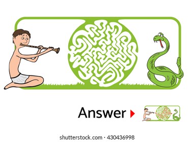 Maze puzzle for kids, labyrinth illustration with solution.