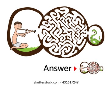 Maze puzzle for kids, labyrinth illustration with solution.