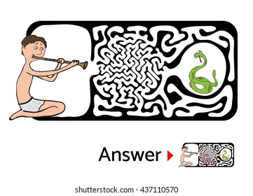 Maze puzzle for kids, labyrinth illustration with solution.